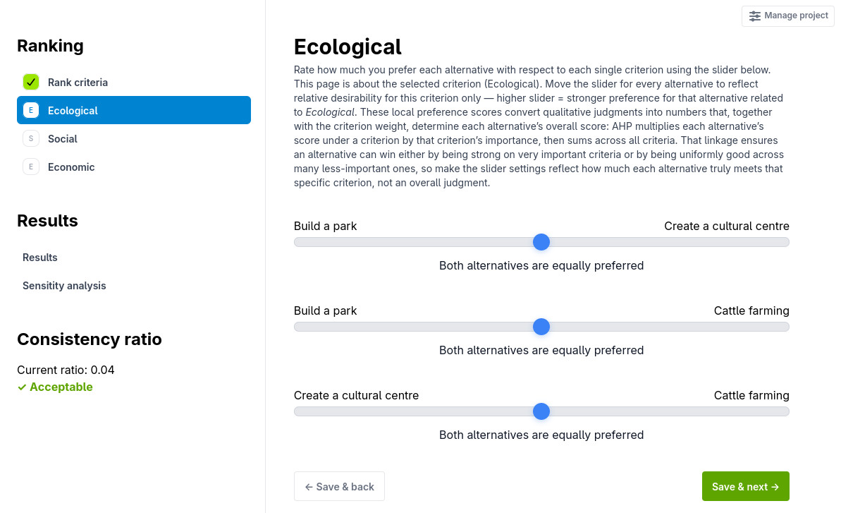 Ranking of alternatives